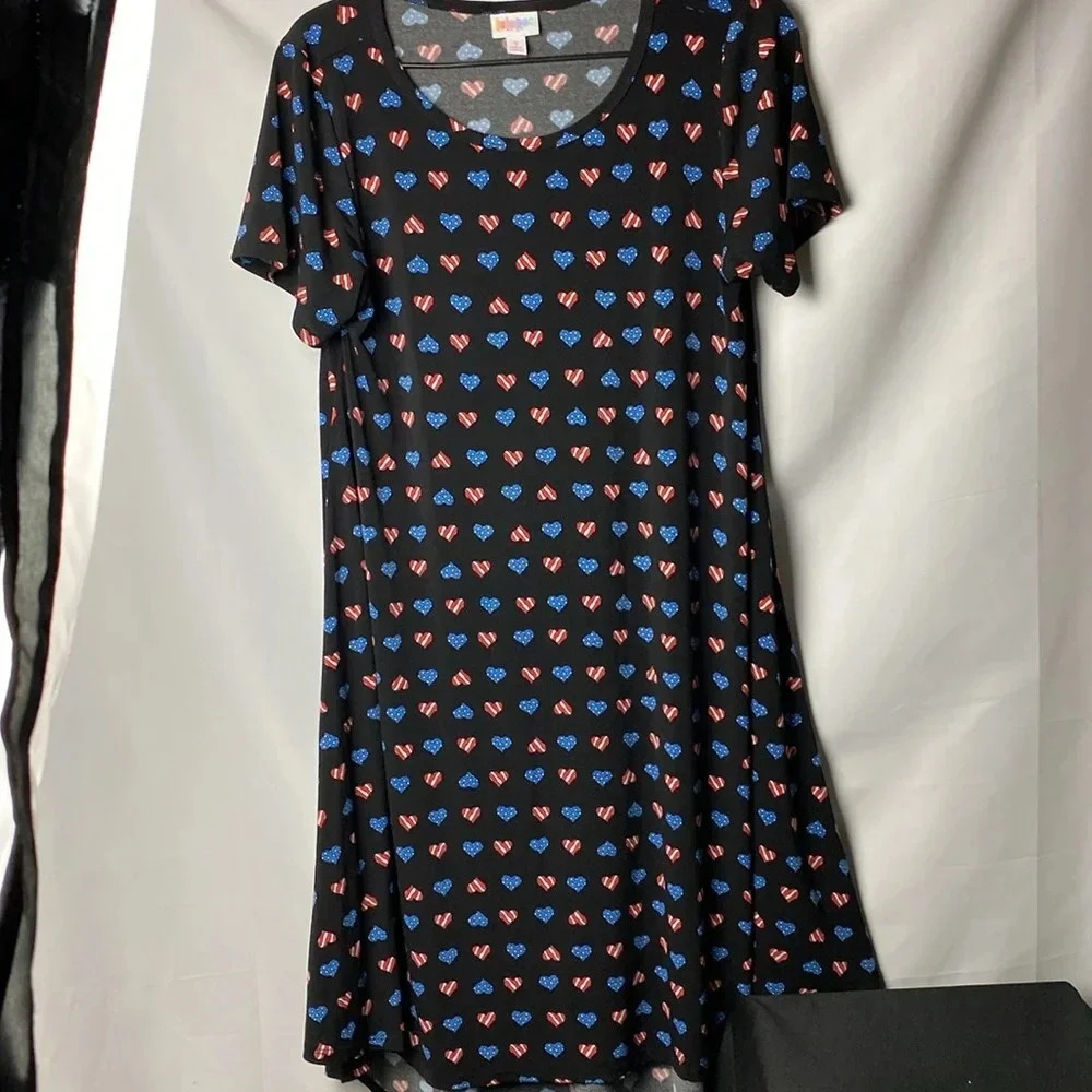 LULA ROE WO SIZE SMALL NAVY‎ PATRIOTIC HEARTS DRESS HIGH- LO HEM CLEAN - Picture 3 of 10